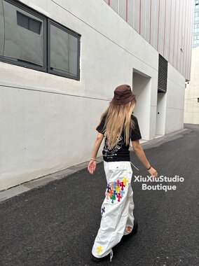 【xiuxiistudio】自主美式宽松阔腿伞兵裤贴皮宽松休闲长裤男女潮