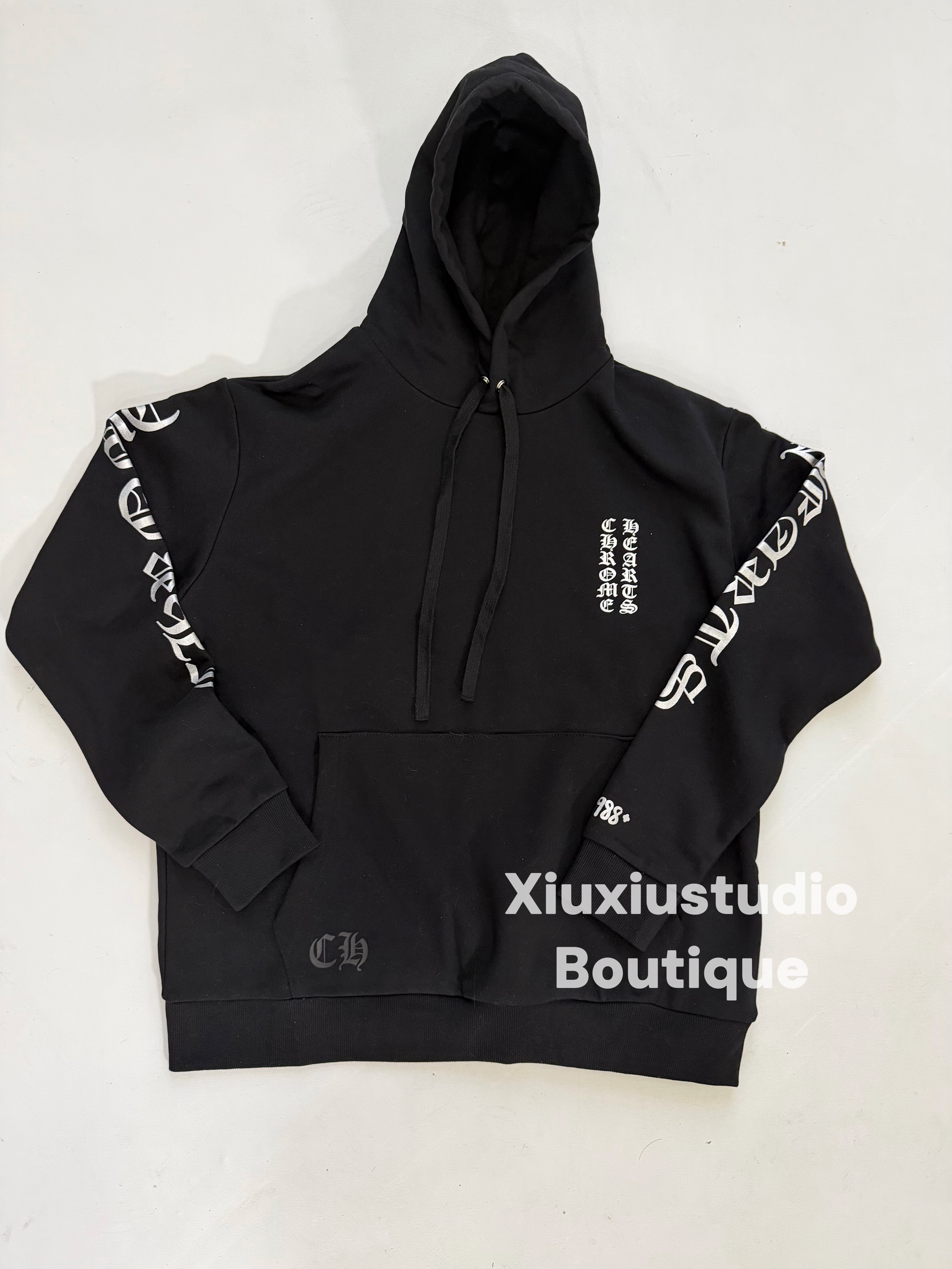 【xiuxiustudio】自主银粉字母印花连帽套头休闲卫衣宽松帽衫潮