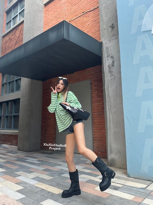 xiuxiustudio自主复古条纹长袖T恤Polo衫女宽松休闲百搭上衣潮