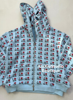 【xiuxiustudio】25AW满印爱心印花宽松休闲连帽拉链面罩卫衣潮