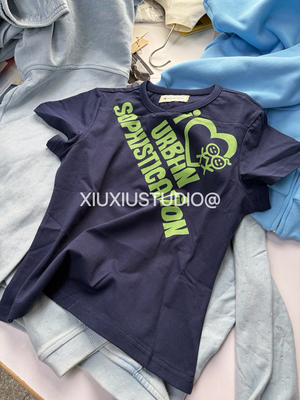 【xiuxiustudio】26aw火柴人小人藏青色印花休闲小v领短袖T恤潮