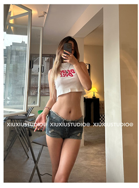 xiuxiustudio新款辣妹复古美式街头休闲紧身高领无袖通肩背心潮女