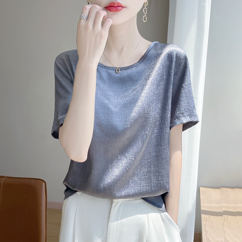 2026春夏女士新款丝滑缎面半袖圆领T恤简约大气时尚百搭减龄背心