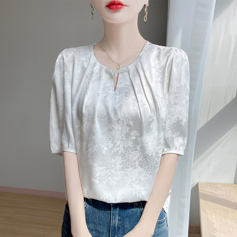 2026 春夏新款女士薄T 恤丝滑缎面提花短袖大气减龄时尚显瘦背心