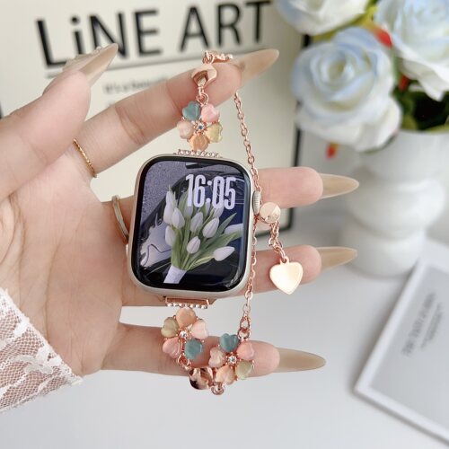 适用vivo watch gt心形花朵链iqoo watch gt手环金属表带女款串珠