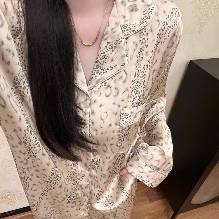 豹纹长袖长裤睡衣女士家居服套装