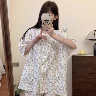 家居服套装 夏季 2025年新款 棉纱睡衣女可爱兔子甜美花边短袖 短裤