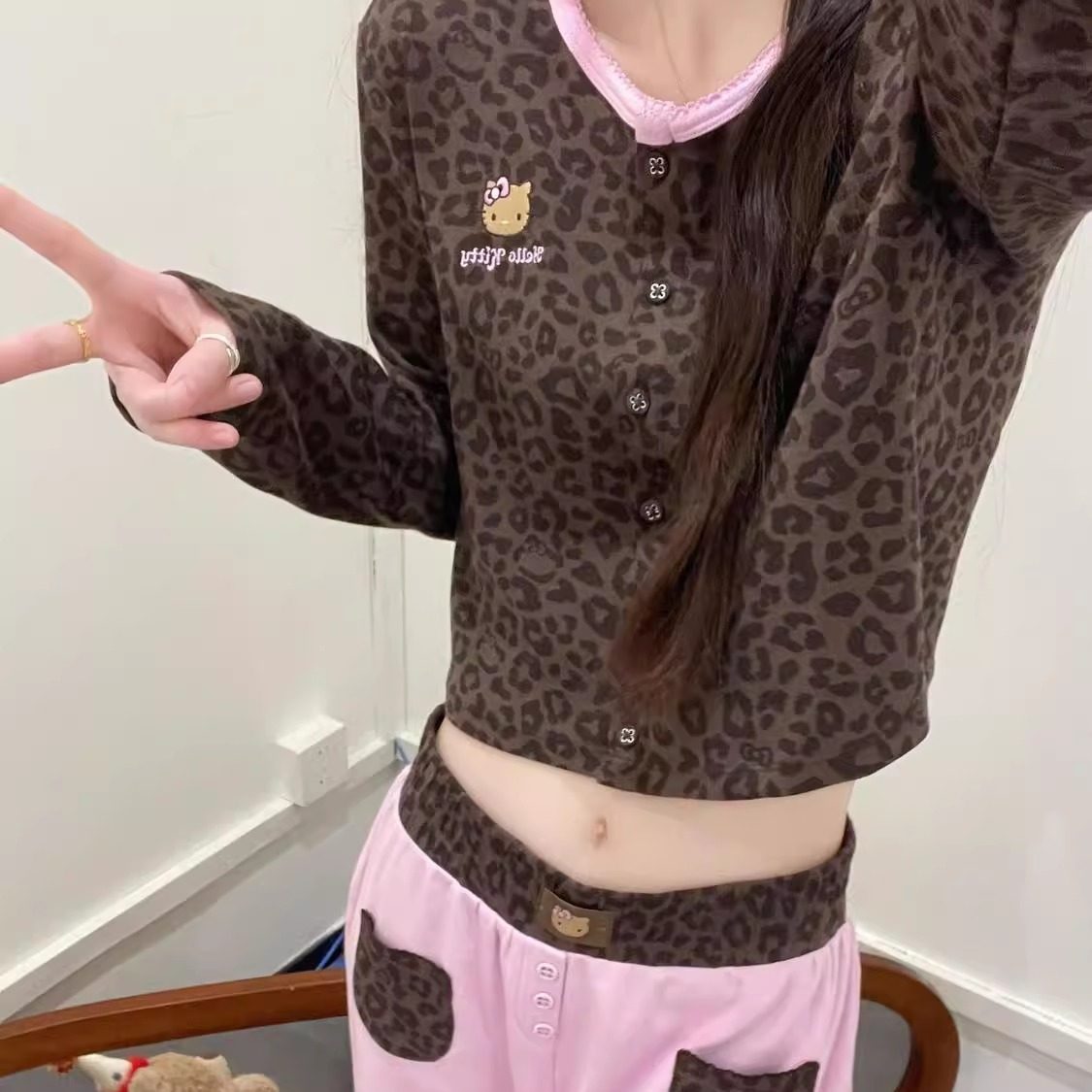 豹纹拼接Kitty猫睡衣女长袖