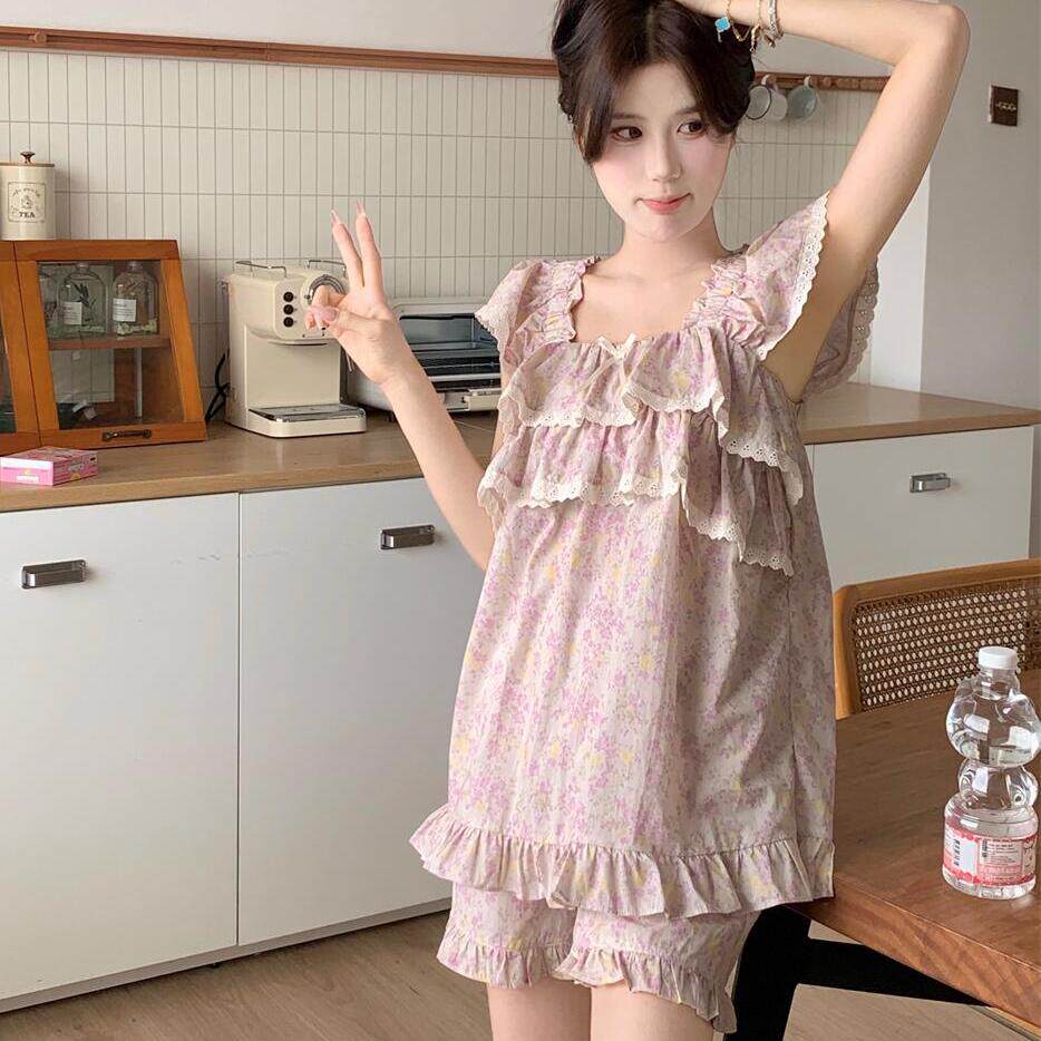 睡衣女甜美公主风小飞袖短裤套装