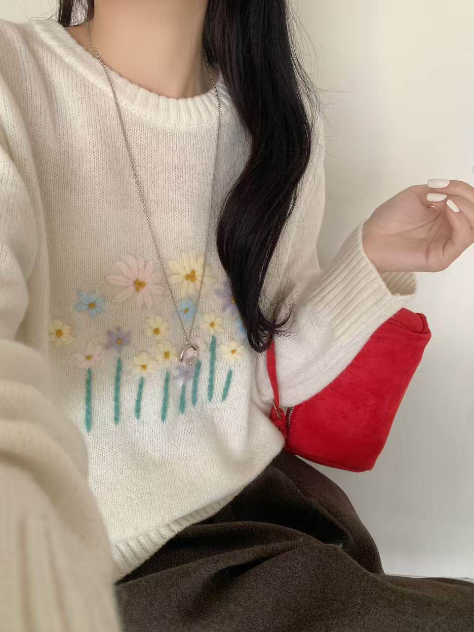 全羊毛2025韩国东大门彩色小花刺绣宽松长袖毛衣女秋冬针织衫上衣