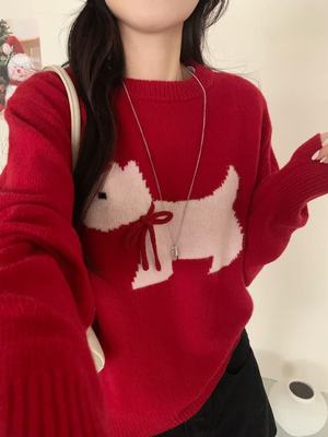 2025冬季新品全羊毛卡通小狗时尚圆领毛长袖针织衫套头毛衣女欧货