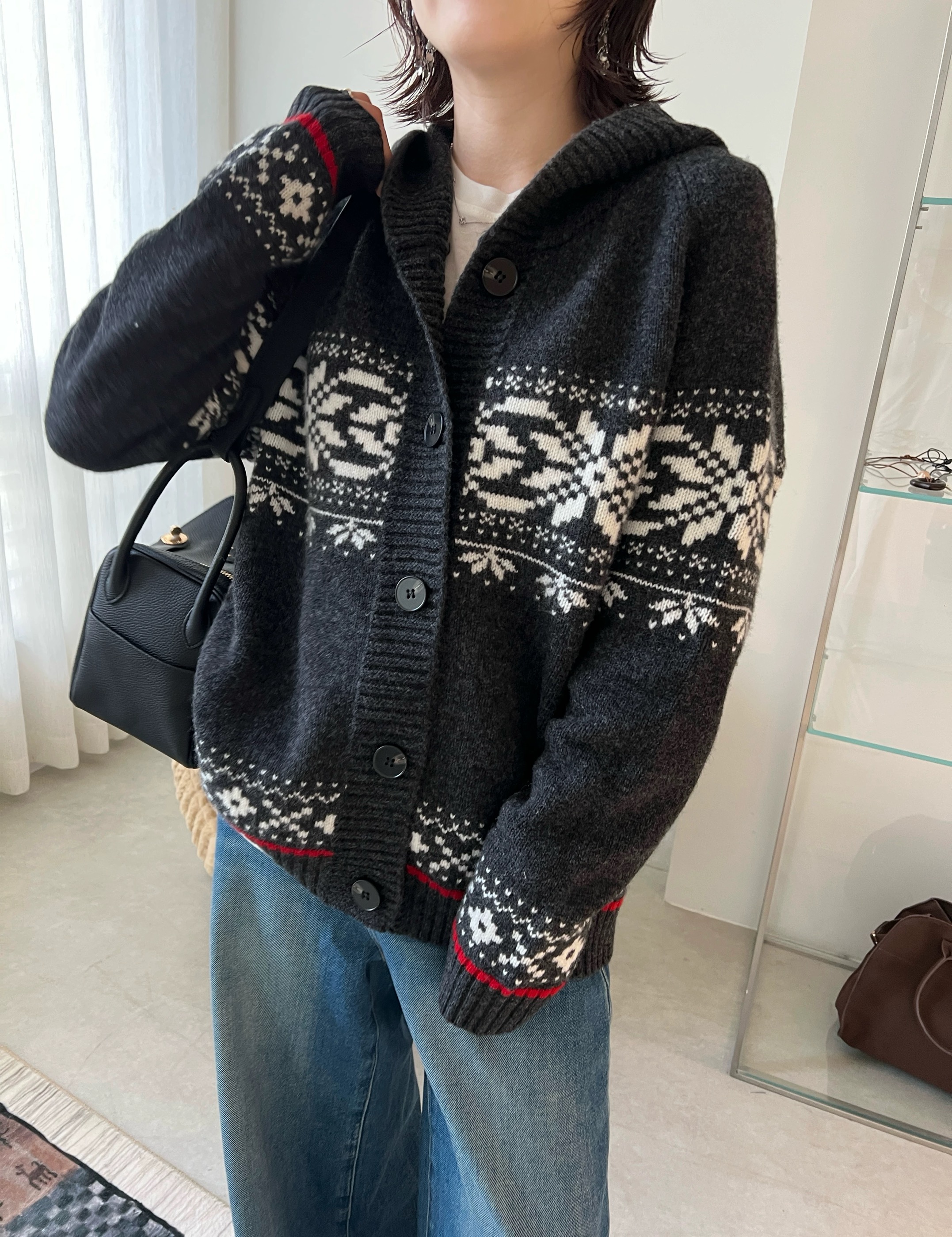 中古圣诞雪花提花单排扣连帽全羊毛开衫外套秋冬费尔岛宽松毛衣女