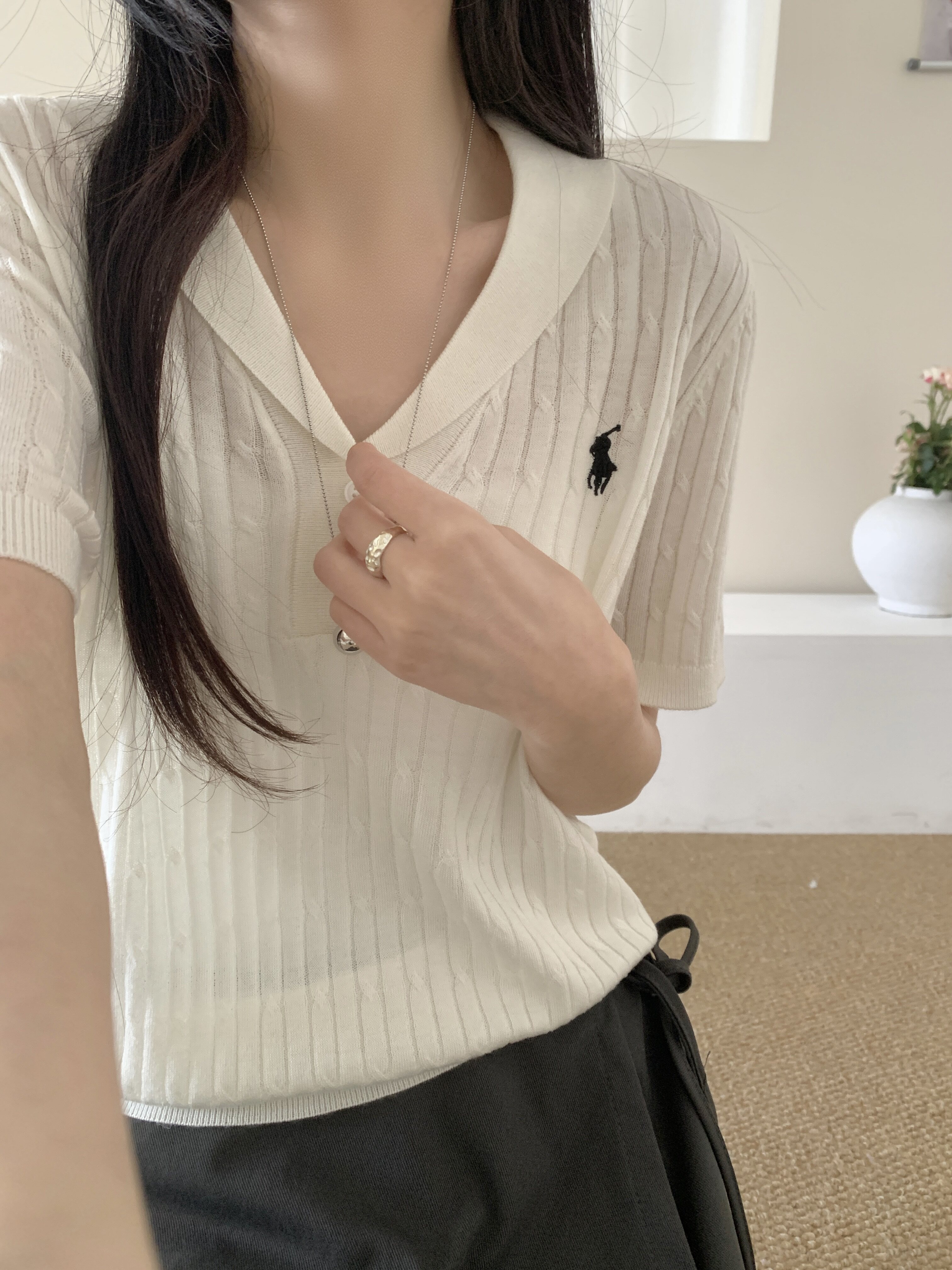 高级感~法式polo翻领麻花纹短袖针织开衫女春夏新款百搭时尚上衣