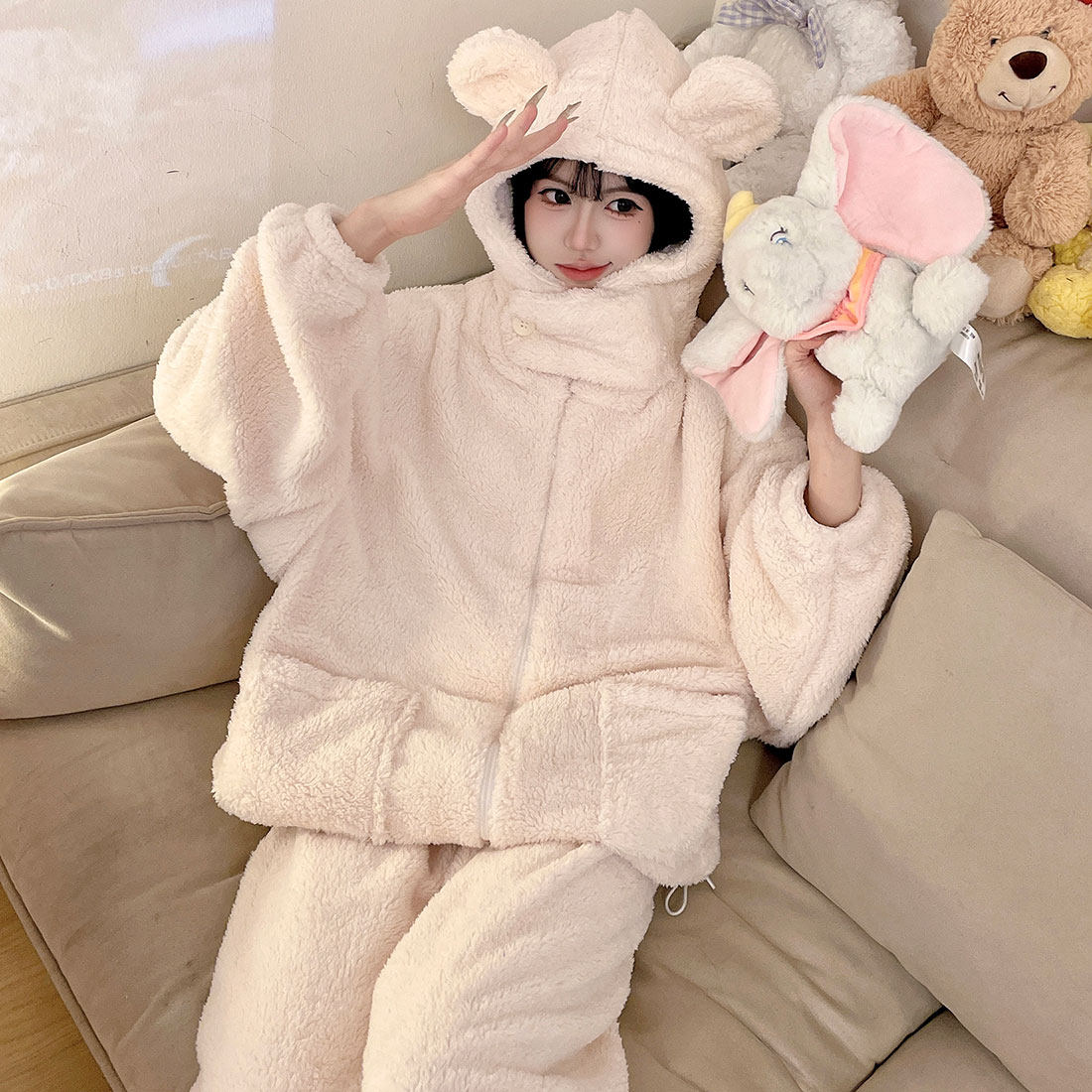 睡衣女冬季珊瑚绒纯色可爱