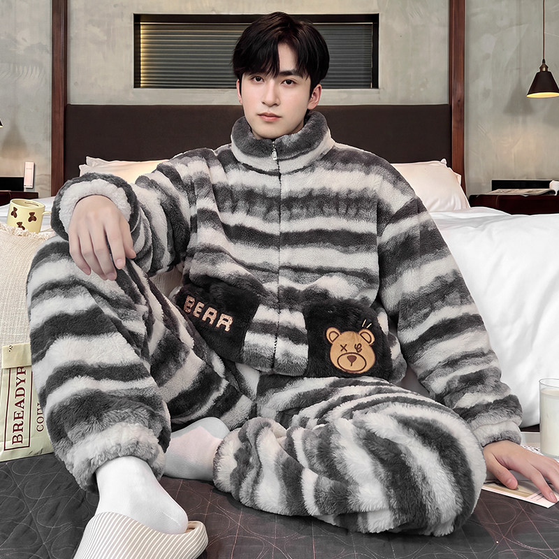珊瑚绒睡衣男士秋冬季加绒