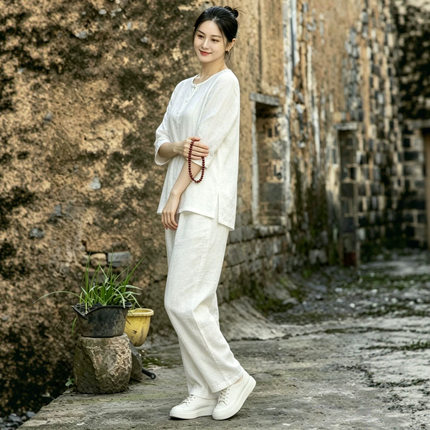 棉麻禅修疗愈服新款宽松中医女居士打坐太极服练功服禅意茶服套装