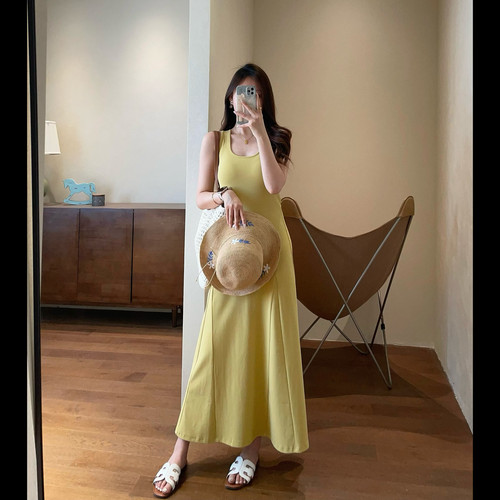 WTHEONE时髦显瘦高弹力U领背心裙百搭显瘦拼接中长款连衣裙2025夏