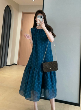WTHEONE松弛高级荷叶边裙摆苎麻背心裙长款无袖连衣裙女2026新款