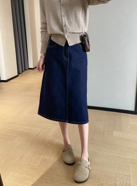 WTHEONE禾家贵款时髦复古中长款后开叉A字牛仔半身裙女2026春新款