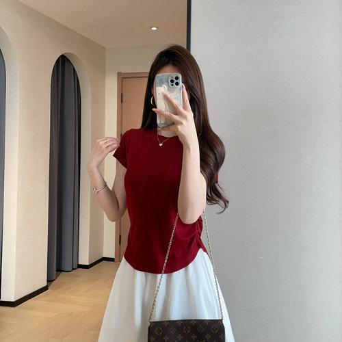WTHEONE气质时髦兰精天丝凉感亲肤两侧收腰显瘦短款短袖T恤女夏新