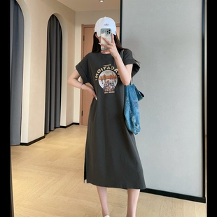 WTHEONE巨显瘦藏肉印花短袖T恤裙小个子中长款连衣裙女2026新款夏