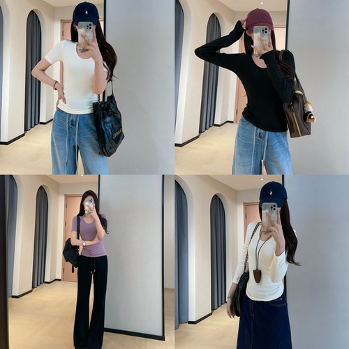WTHEONE百搭W高弹力修身显瘦长袖or短袖圆领T恤女打底衫2026春夏