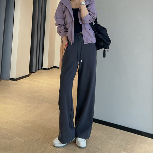 WTHEONE显瘦神裤lu家高腰显瘦针织直筒阔腿裤松紧腰休闲裤女2025