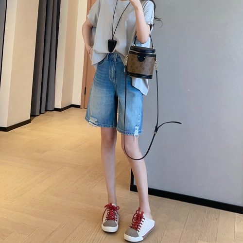 WTHEONE帅气有型时髦破洞薄款天丝凉感A字阔腿牛仔中裤女2026新款
