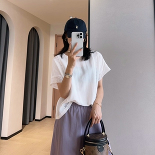 THEONE法式蕾丝小衫天丝亚麻透气镂空刺绣短袖圆领上衣女2026新款