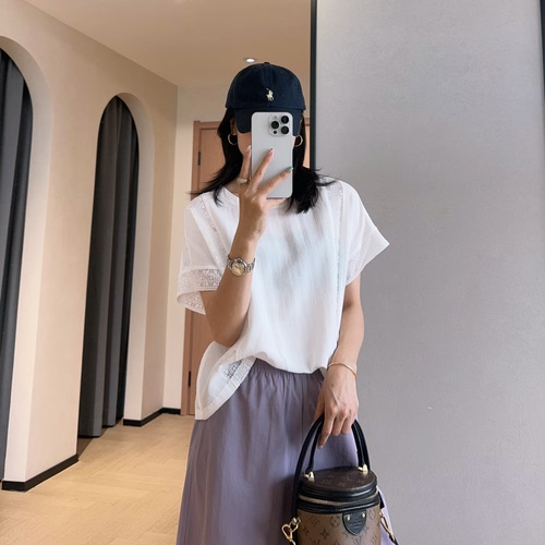 THEONE法式蕾丝小衫天丝亚麻透气镂空刺绣短袖圆领上衣女2026新款