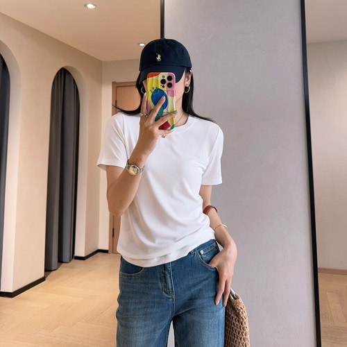 WTHEONE老钱极简风莫代尔天丝凉感垂坠高弹直筒短袖圆领T恤女2026