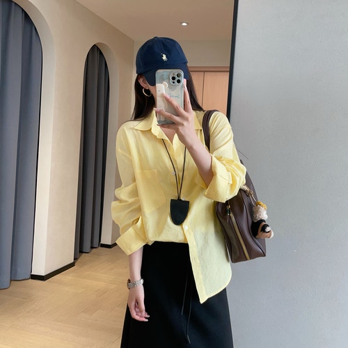 WTHEONE显白柠檬黄亚麻轻薄透气宽松显瘦防晒长袖衬衫女2026春夏