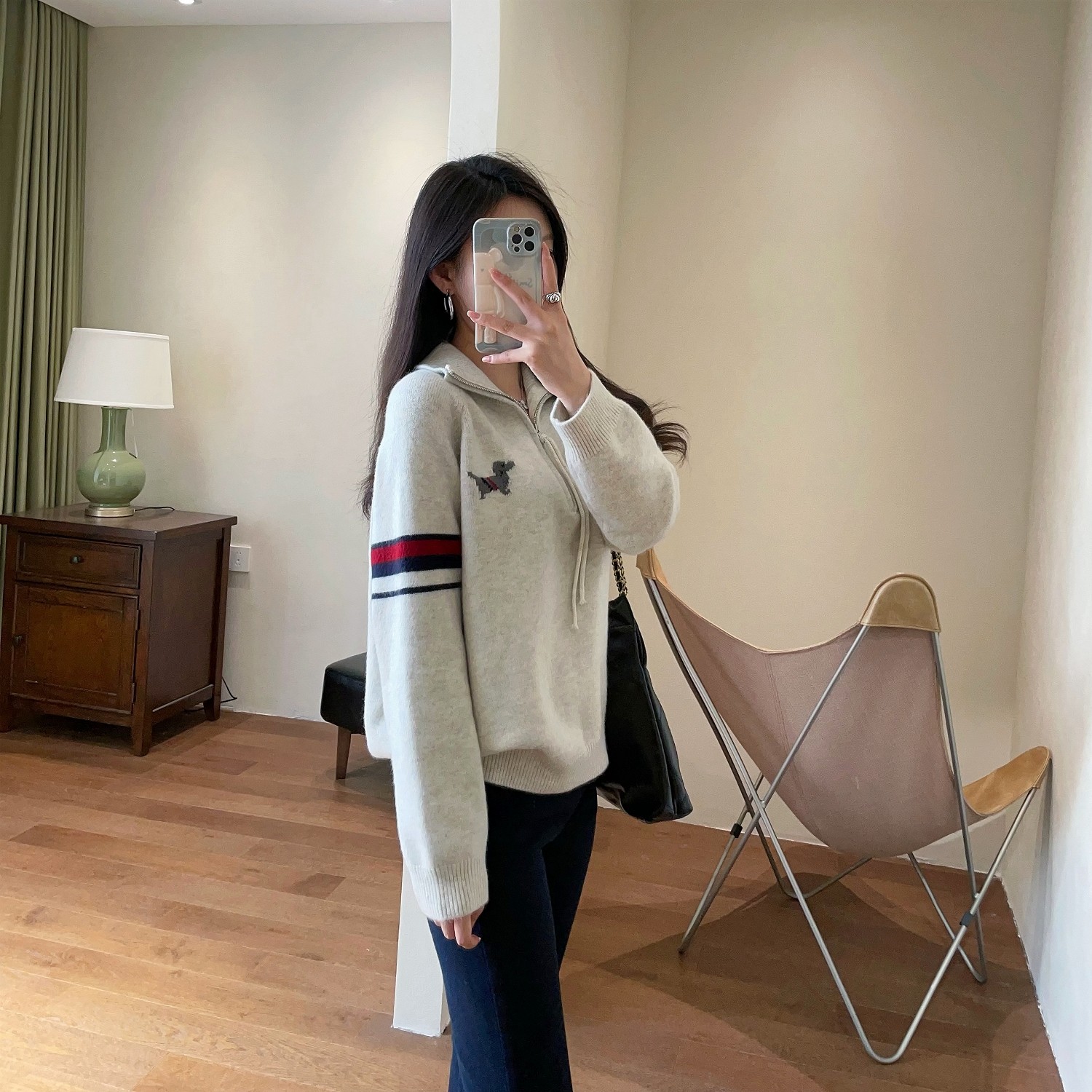 WTHEONE高级松弛感腊肠狗双面提花半拉链立领套头毛衣女2025秋冬