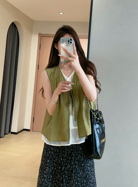 天丝撞色假两件肌理清凉无袖衬衫