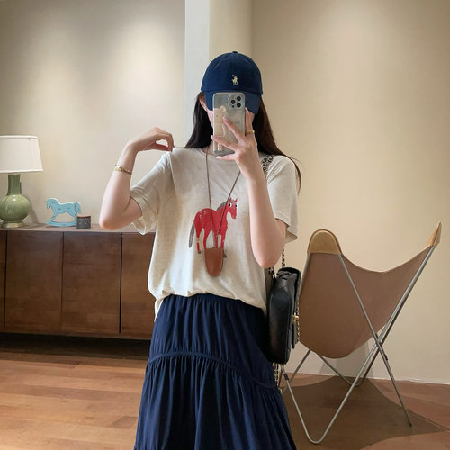 WTHEONE清爽活力亚麻小马印花宽松显瘦落肩袖圆领短袖T恤女2025夏