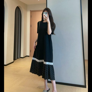 WTHEONE温柔灵动波点鱼尾小黑裙宽松显瘦中长款T恤裙女2026新款夏
