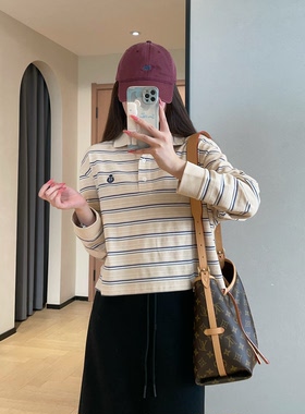 柜上同款品质纯棉提花珠地布条纹POLO衫短款长袖T恤女2026秋新款