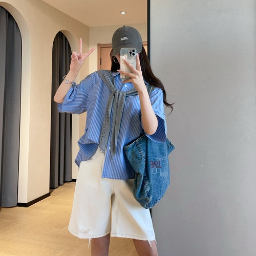 WTHEONE设计感镂空针织披肩蓝白条纹短袖衬衫女真两件套上衣女夏