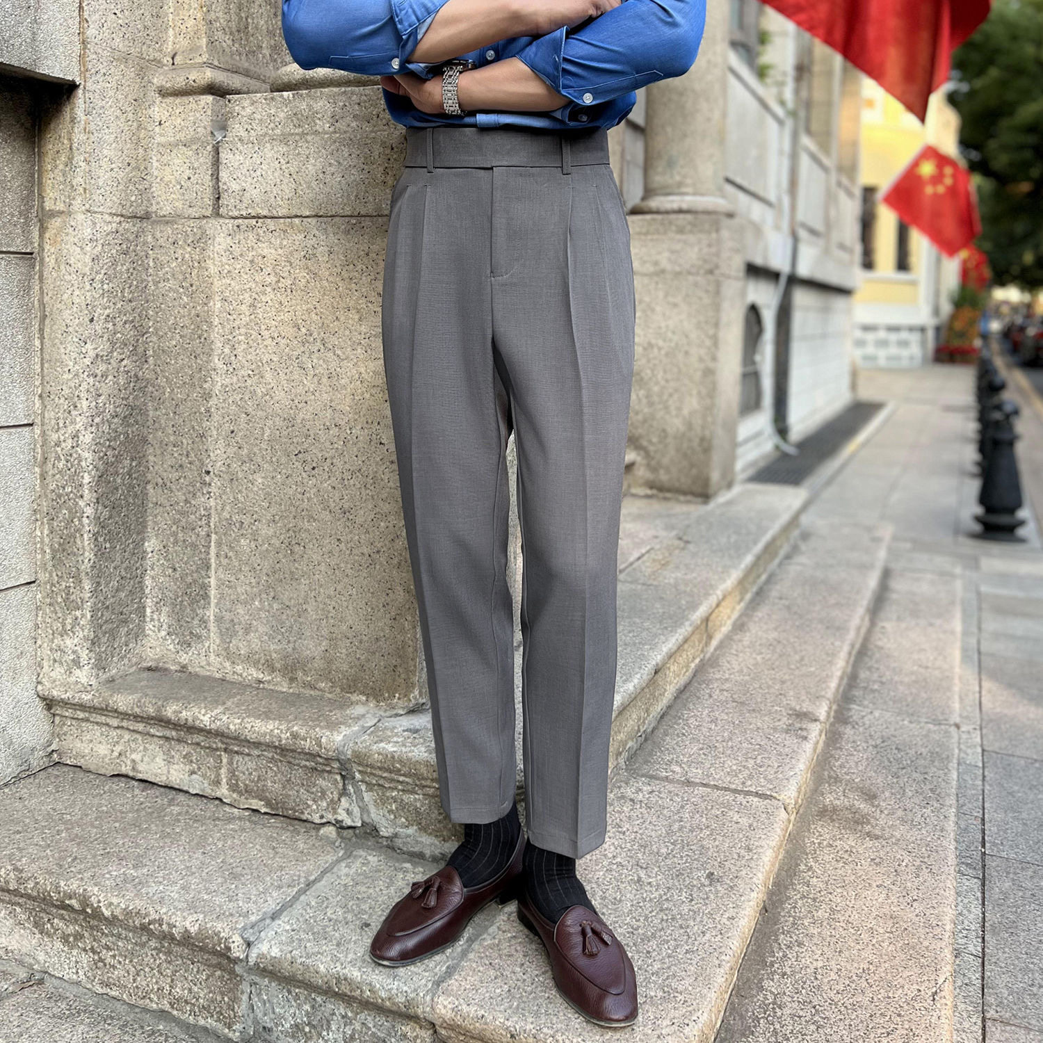 那不勒斯休闲小直筒西裤男英伦风商务中腰长裤绅士小众复古九分裤