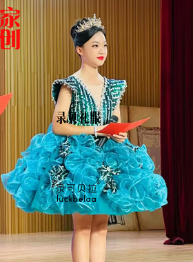 儿童晚礼服优雅公主蓬蓬裙女童墨绿色钢琴考级小主持表演服出租