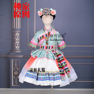 快乐阳光女童摩梭族演出服歌曲摩梭甲蹉蹉火塘边绿橙白色短裙出租