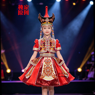 快乐阳光蒙古族女独唱服定制大红色童话禾木河短款出租
