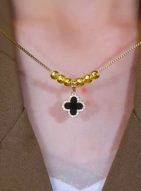 新中式六珠黑白双面四叶花项链女轻奢小众百搭锁骨链时尚气质坠链