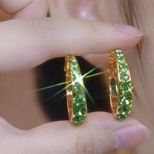 超闪绿色水钻耳圈耳环网红