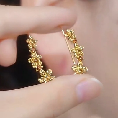 超仙咖色满钻花朵耳排一体式耳环小众设计感银针耳钉气质轻奢耳饰