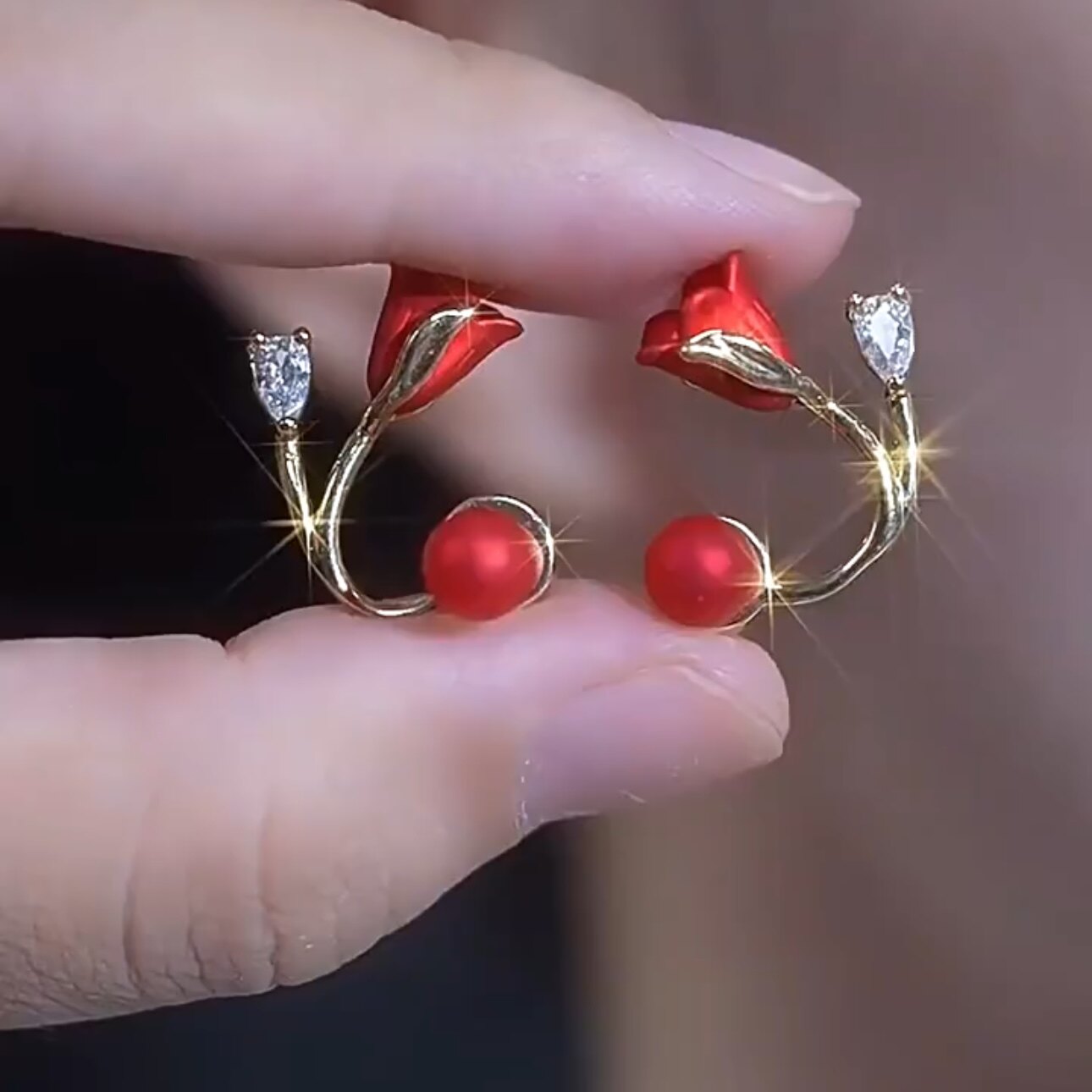 红色玫瑰花耳钉女一款两戴耳环