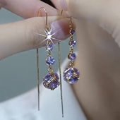 超仙紫色钻球锆石流苏耳线女气质百搭长款 水晶耳环轻奢显脸瘦耳饰