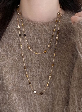 高级感镶钻花朵几何珍珠款项链气质轻奢风毛衣链法式复古项饰秋冬