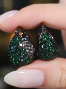 绿色满钻大提篮耳扣耳环女复古枪黑防丢设计感耳坠2023新款爆款潮