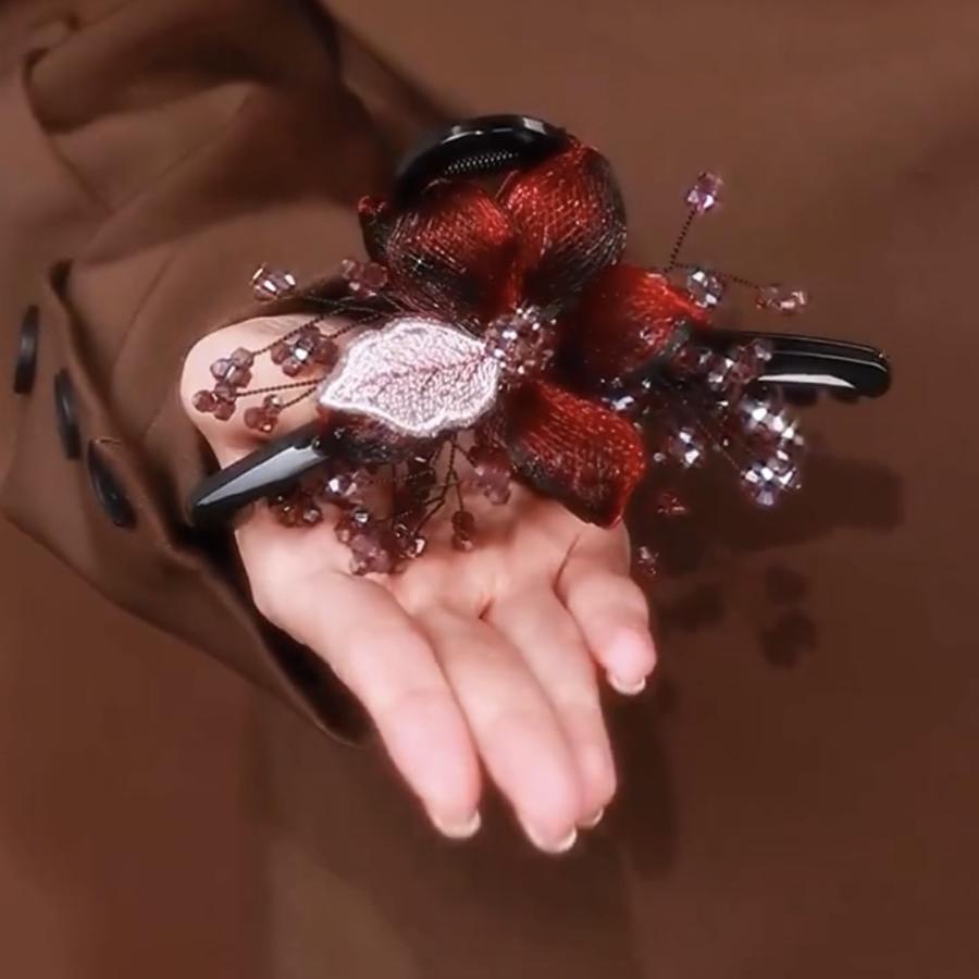 红色玫瑰花手工编织蝴蝶结抓夹